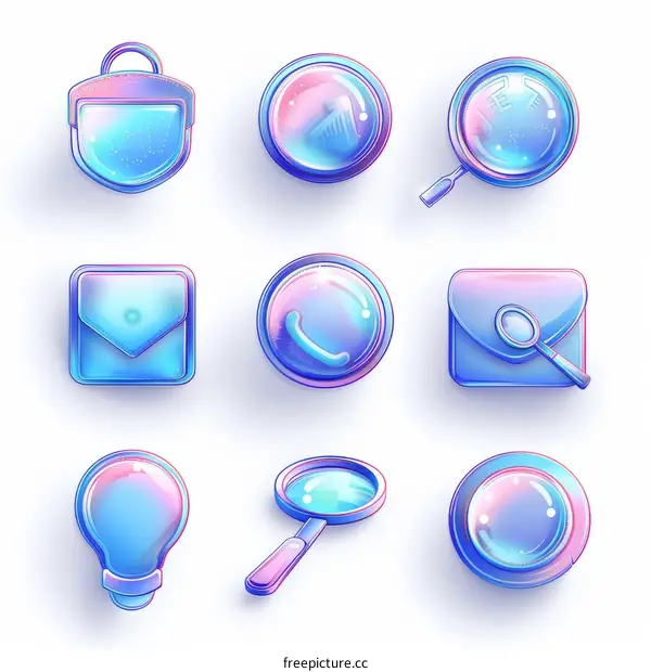 A set of 9 colorful glossy web icons with various symbols