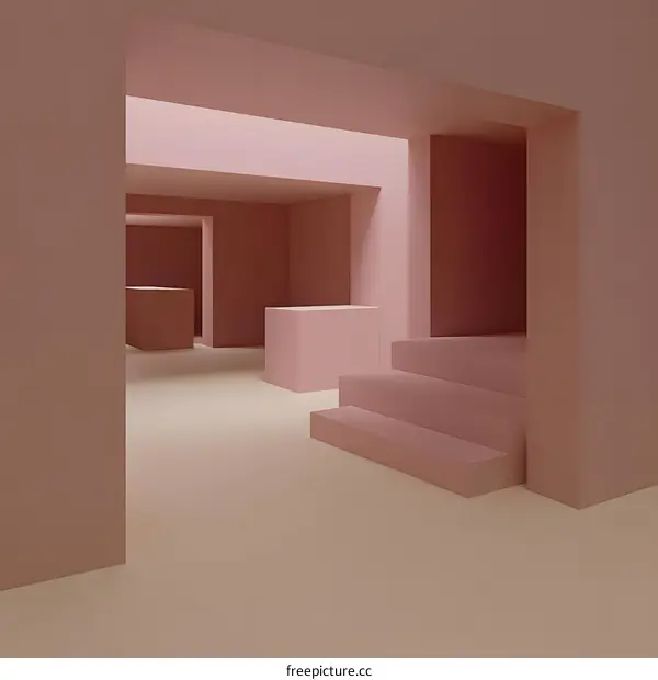 Minimalist Pink Interior Design with Stairs and Geometric Shapes