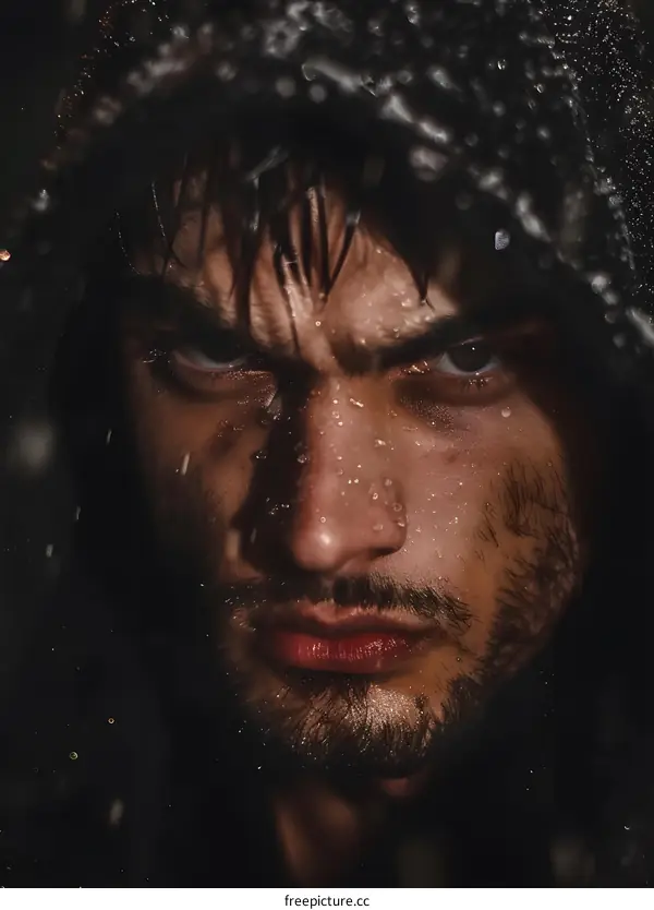 Man With Angry Expression In The Rain