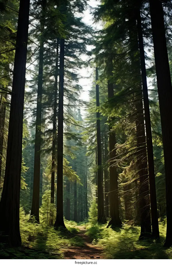 The sun shines through the tall trees in the forest