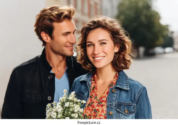 Couple Posing Outdoors with Flowers in City