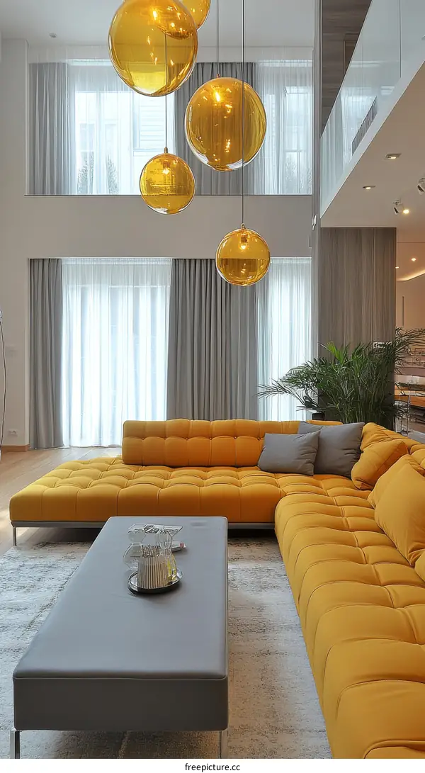 Modern Living Room with Yellow Sofa and Pendant Lights
