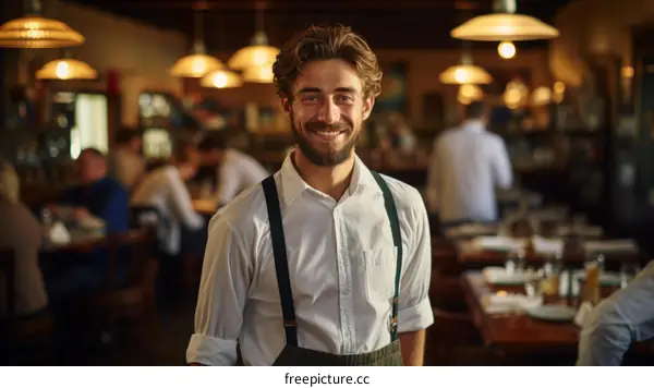 Portrait of a happy waiter in a busy restaurant