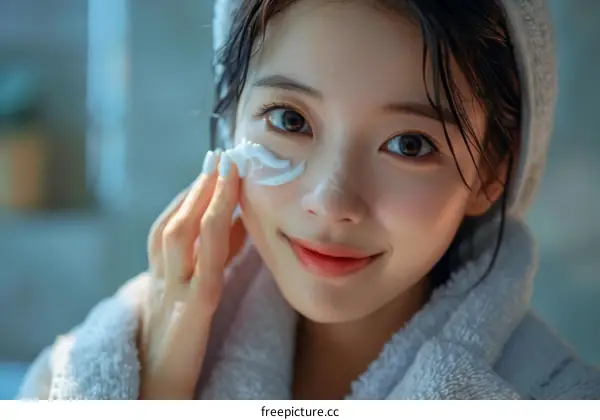 A young woman is applying face cream.