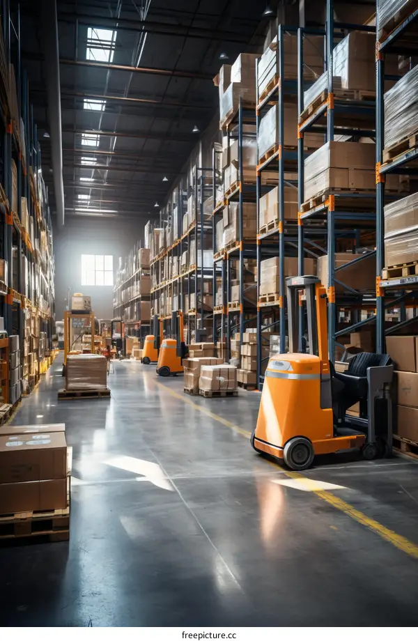A large warehouse with forklifts and shelves full of boxes
