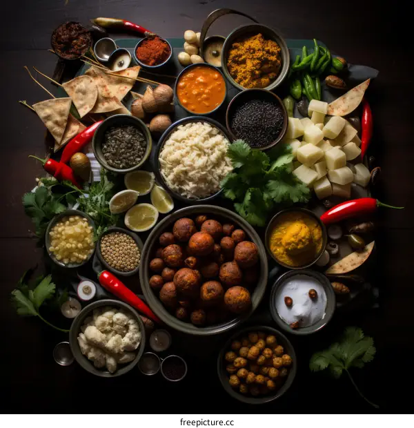 A variety of Indian spices and ingredients are arranged on a wooden table.