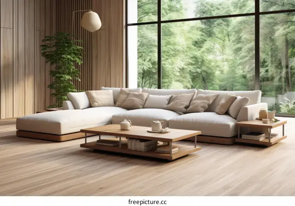 A modern living room with a large white sectional sofa, a wood coffee table, and a large window looking out onto a forest