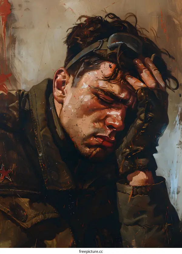 A portrait of a man wearing a military-style hat and goggles, with his hand on his head