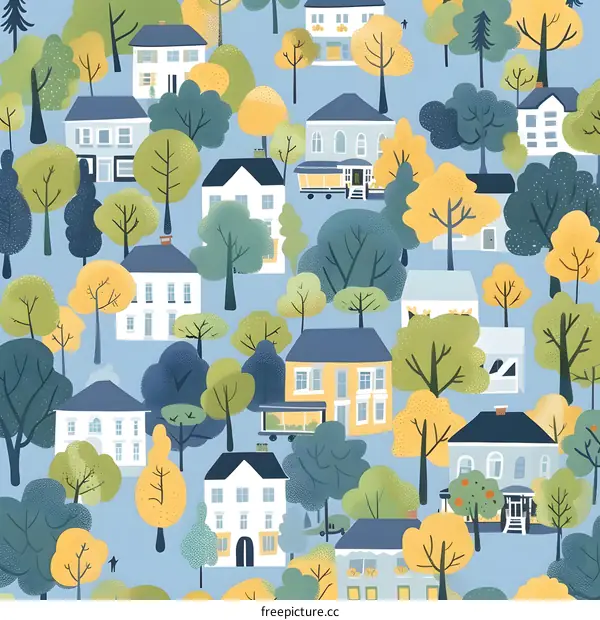 Cute Cartoon Houses and Trees Pattern Seamless Background Design