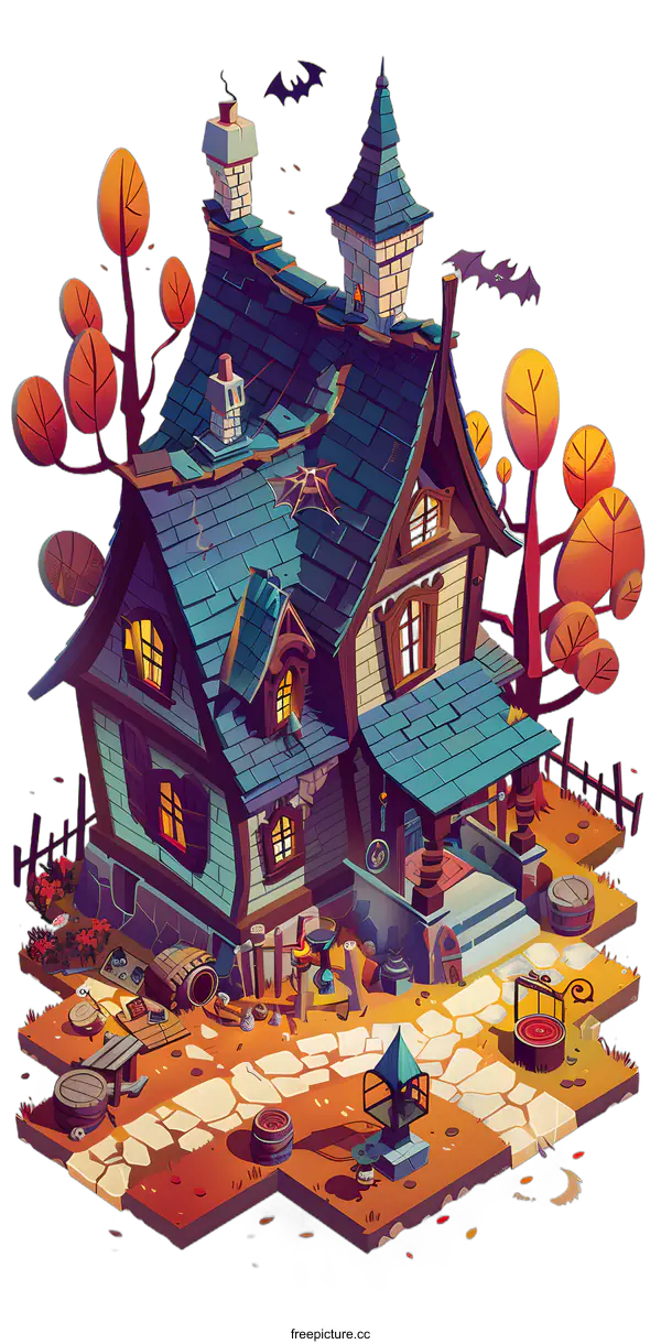 [Transparent Background PNG]Cartoon Illustration of a Haunted House with a Front Yard