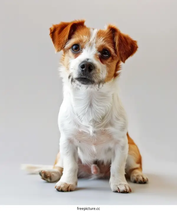 A cute small brown and white dog is sitting on the floor