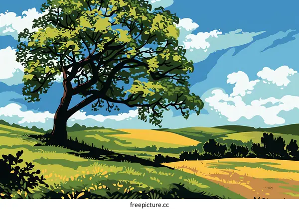 Summer Landscape Illustration With Green Tree