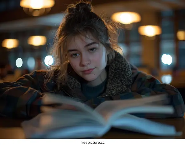 Portrait of a young woman reading a book in a library
