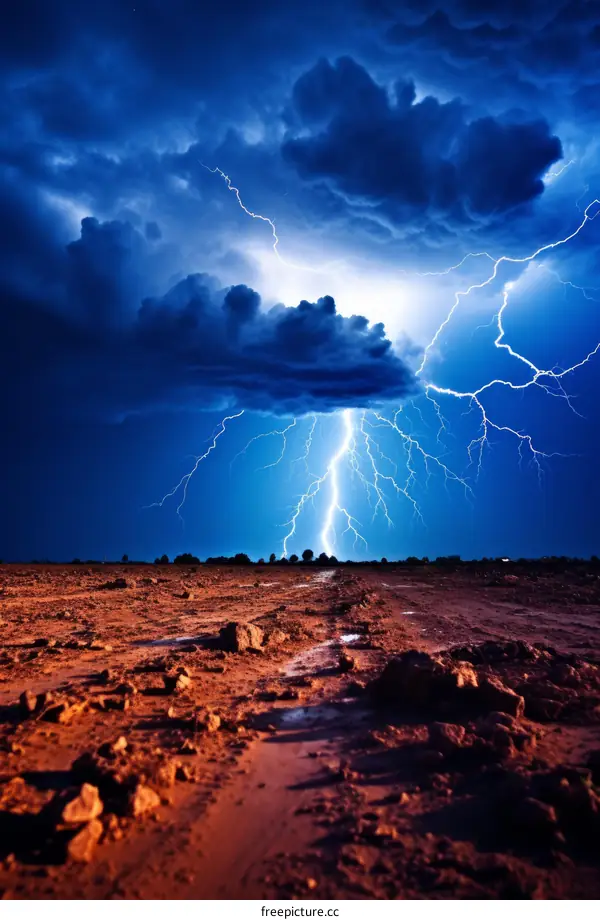 A powerful lightning storm strikes the ground in a rural field
