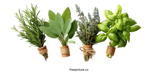 [Transparent Background PNG]Assortment of Fresh Herbs Tied with Twine on White Background