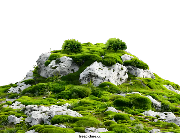 [Transparent Background PNG]Green Grassy Hill with Rocks and Two Small Trees