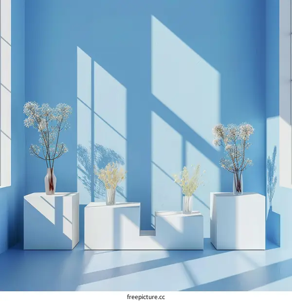 Four White Pedestals with Colorful Flowers against a Blue Background