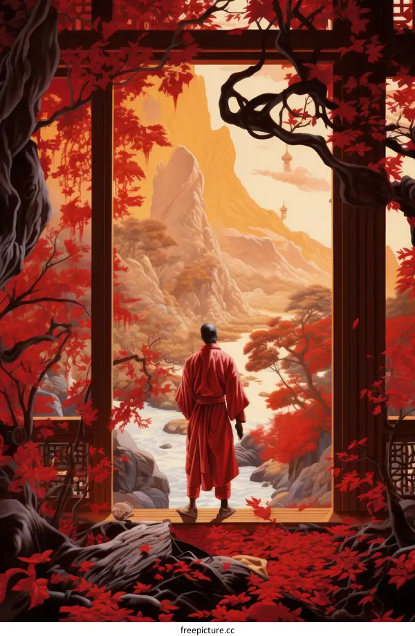 A lone traveler in a red robe looks out over a beautiful landscape
