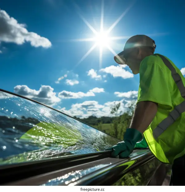 man cleaning window with squeegee