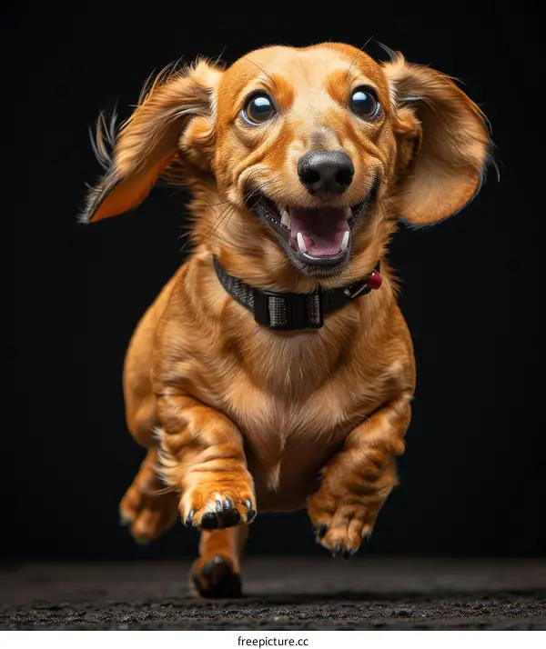 A happy brown dachshund dog running with its ears flapping in the wind