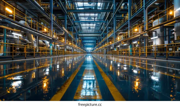 Modern Factory Interior with Reflective Floor