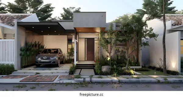 Modern House Design with Garage and Lush Greenery
