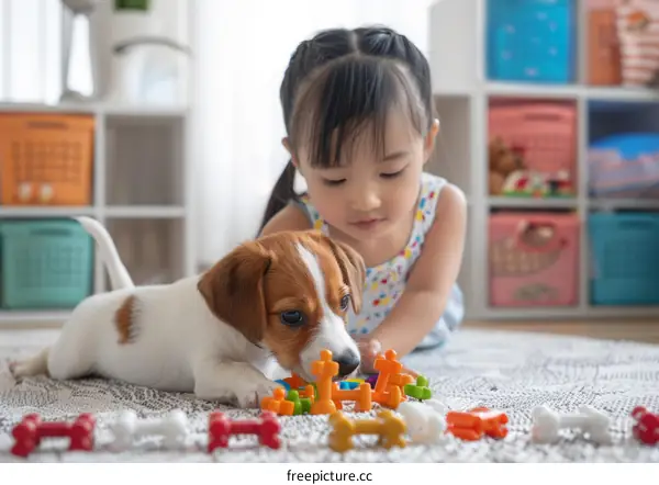 Asian toddler girl playing with a puppy