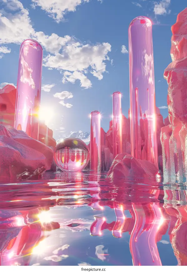Surreal Pink Landscape with Floating Crystal Ball