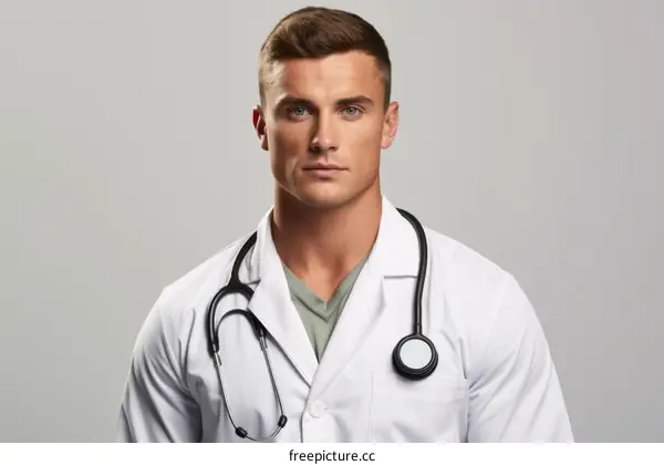 Portrait of a male doctor in a white coat and stethoscope