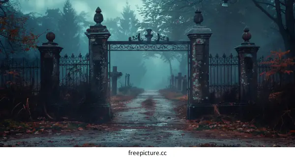 Spooky Autumn Path Through a Misty Cemetery with Large Gate