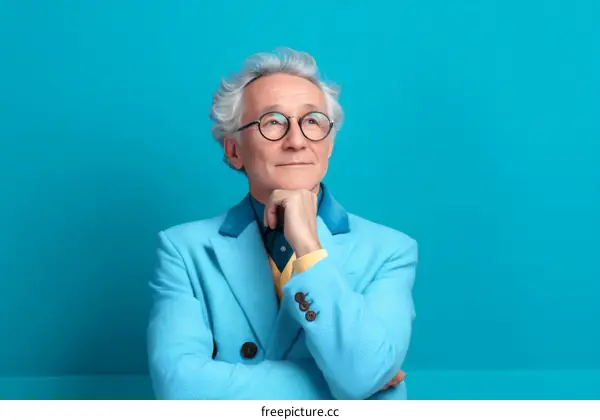 Stylish Senior Man Posing Against Vivid Blue Background