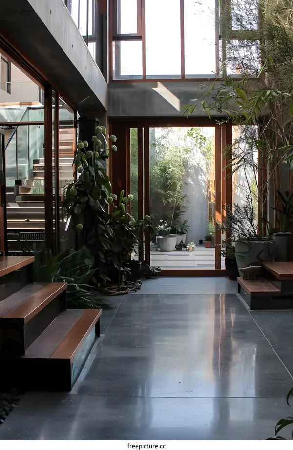 Modern Interior Design with Wooden Stairs and Large Windows