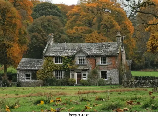 Stone Cottage Surrounded by Autumn Trees