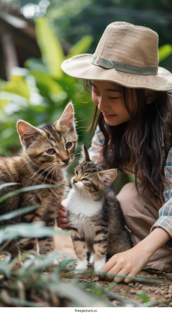 Little girl playing with two tabby kittens in the garden