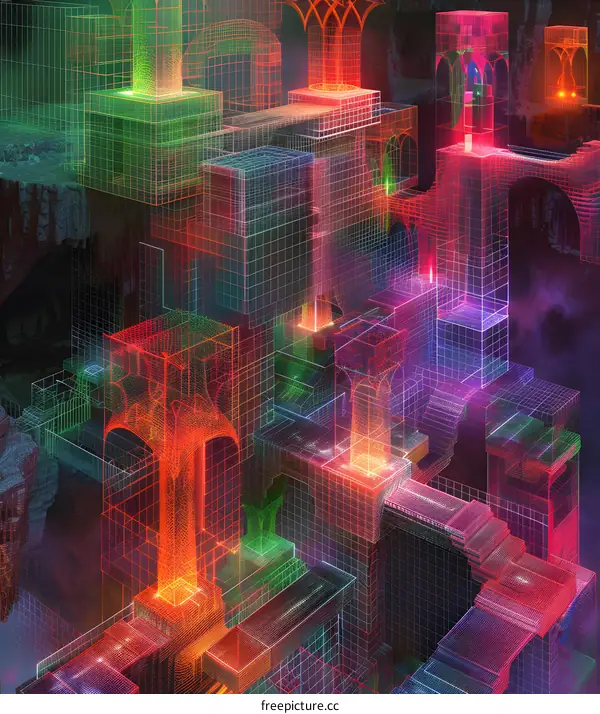 Abstract Neon Wireframe Cityscape