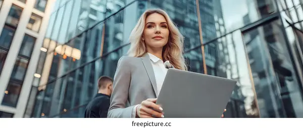 Businesswoman Holding Laptop Outdoors in Front of Glass Building