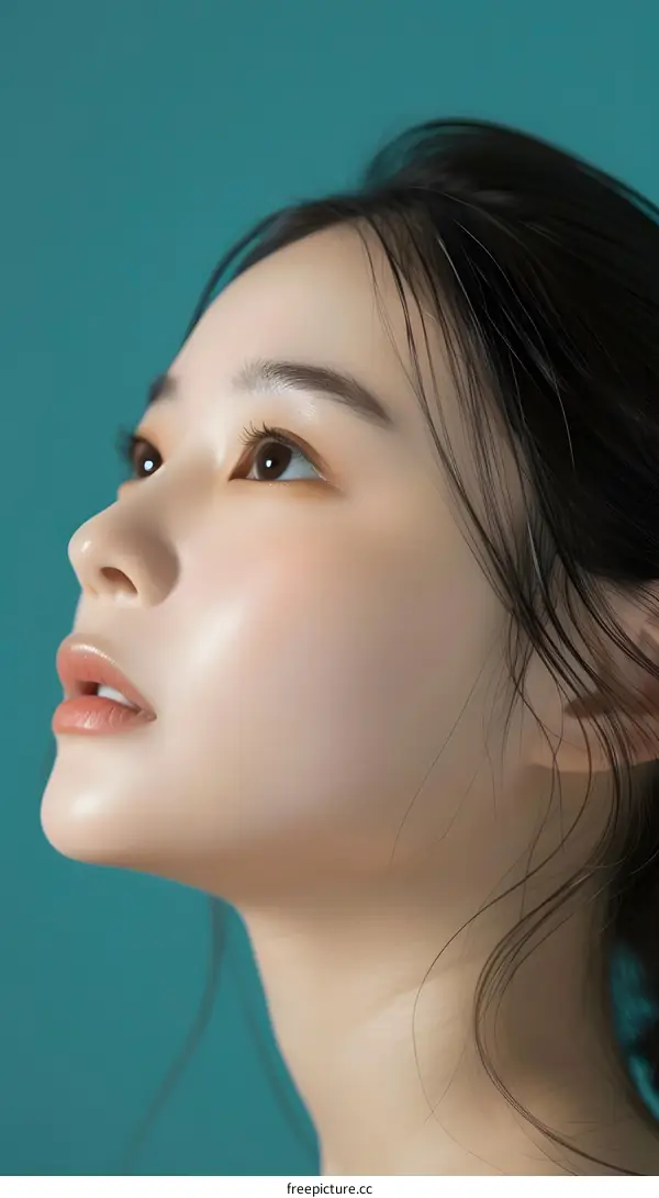 Close Up Portrait of Asian Woman with Long Hair Looking Up