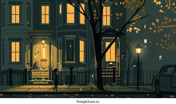 Night Street Scene with Woman Walking Past Houses