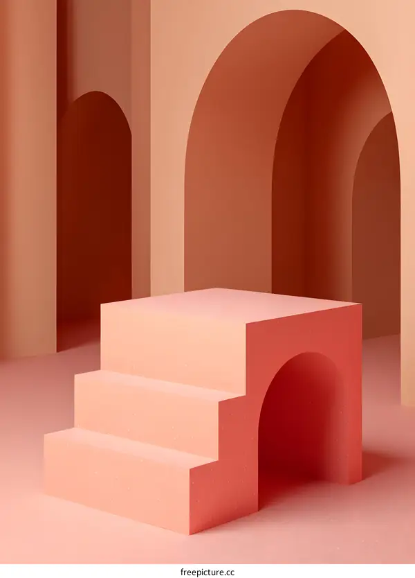 Abstract Minimalist Arch Shape Background  with Pink Platform Steps