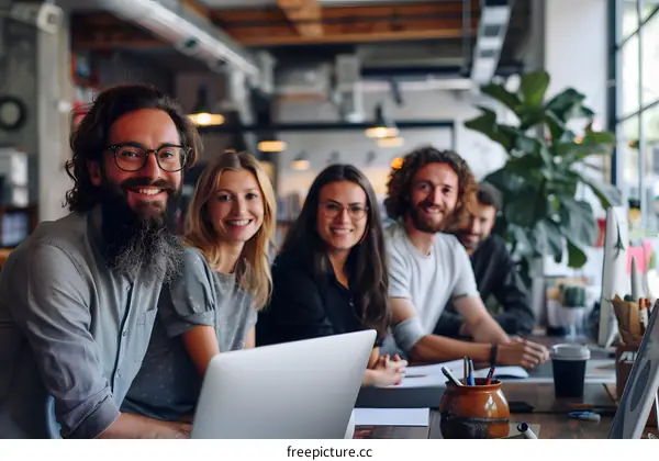a group of people sitting around a table smiling