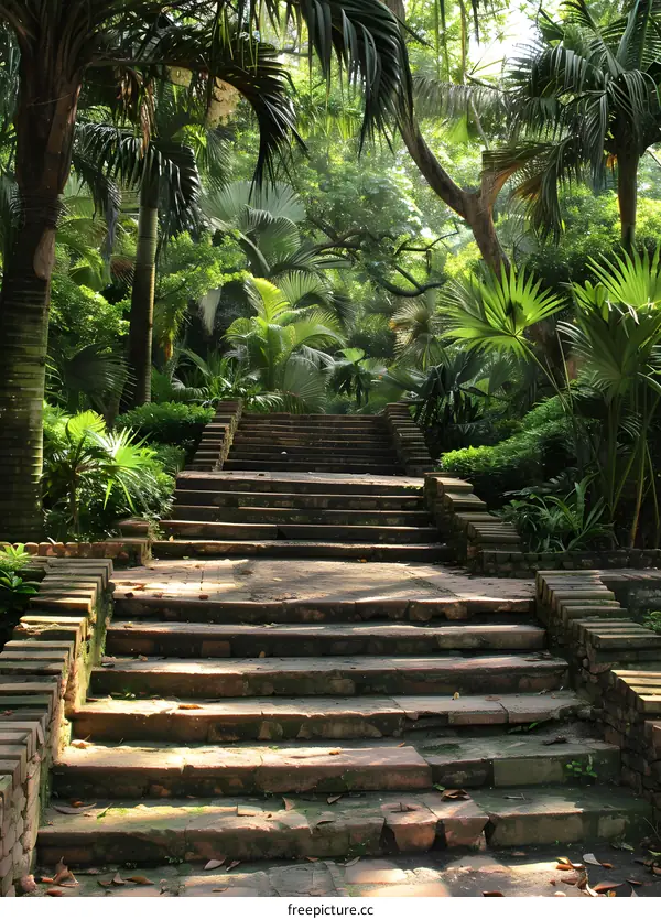 stone stairs in lush green jungle foliage