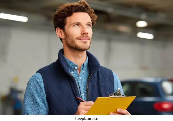 Caucasian Man Working on Checklist in Garage