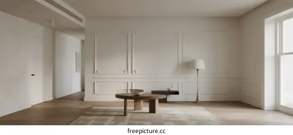 Minimalist interior space with plain walls and simple furniture