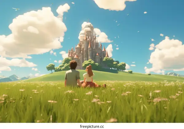 A couple sitting on a hilltop overlooking a fantasy castle