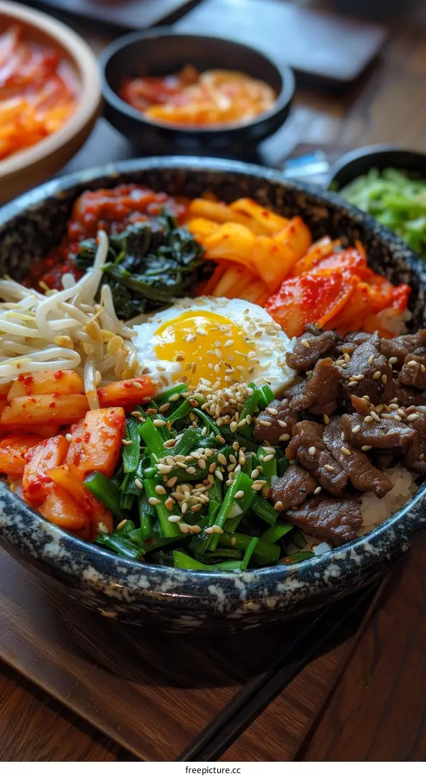 Korean bibimbap with egg, vegetables, and beef