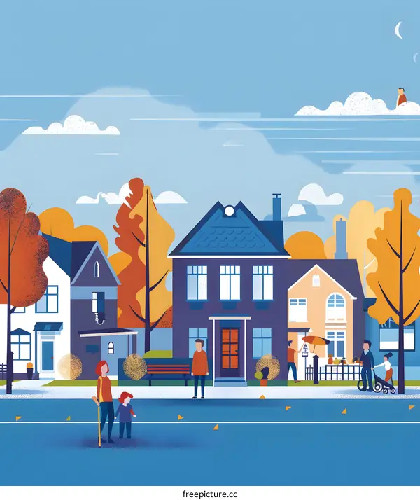 Autumn Street Scene with Houses and People Walking