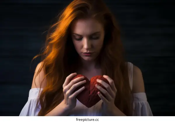 redhead woman holding a red heart