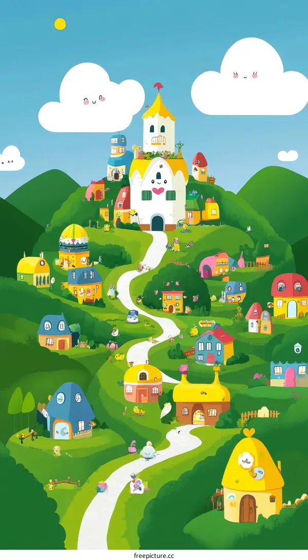 Colorful Cartoon Village Landscape with Houses