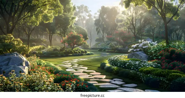 A lush green garden in the forest