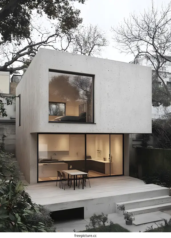 Modern Concrete House with Patio and Large Windows